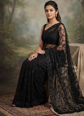 Black embroidered net saree 2