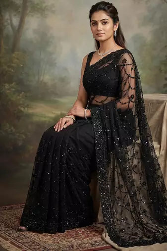 Black embroidered net saree