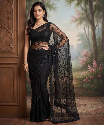 Black embroidered net saree 3