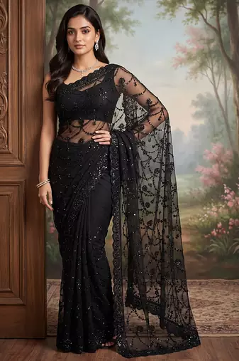 Black embroidered net saree
