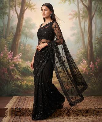 Black embroidered net saree 4