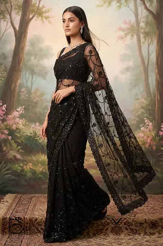 Black embroidered net saree