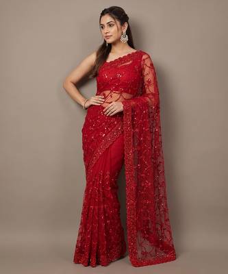 Red embroidered net saree 1