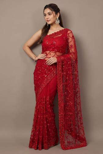 Red embroidered net saree