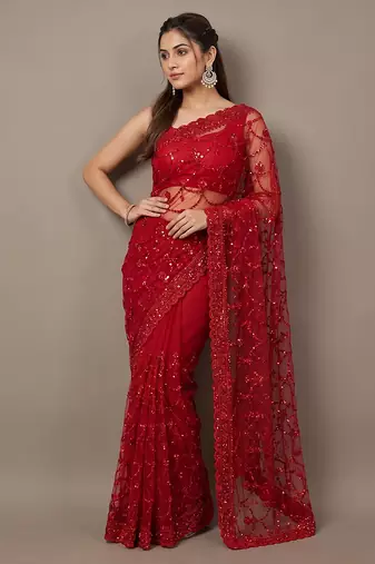 Red embroidered net saree