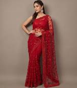 Red embroidered net saree