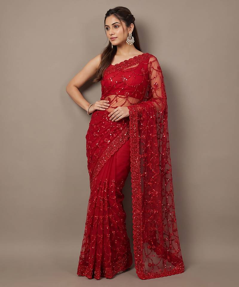 Red embroidered net saree