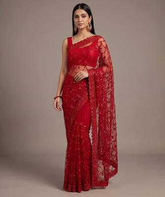 Red embroidered net saree 2