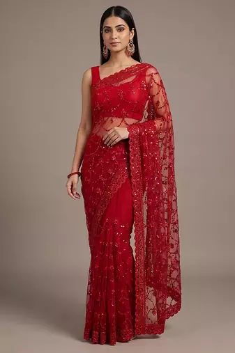 Red embroidered net saree
