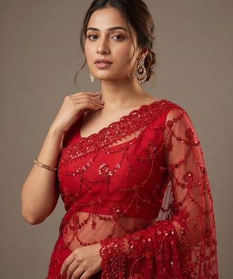 Red embroidered net saree 3