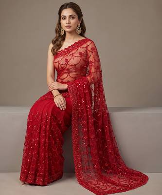 Red embroidered net saree 4