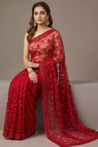 Red embroidered net saree