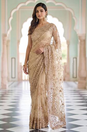 Champagne gold embroidered net saree