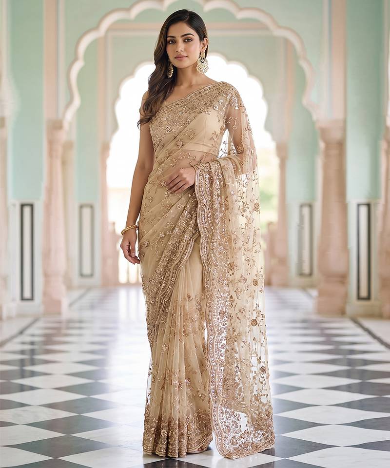 Champagne gold embroidered net saree