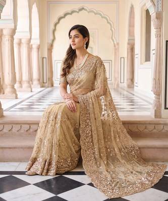 Champagne gold embroidered net saree 2
