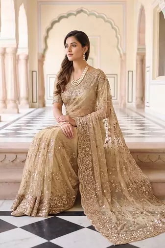 Champagne gold embroidered net saree