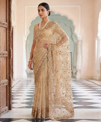 Champagne gold embroidered net saree 3