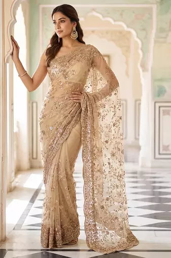 Champagne gold embroidered net saree
