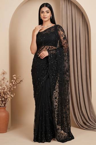 Black embroidered net saree