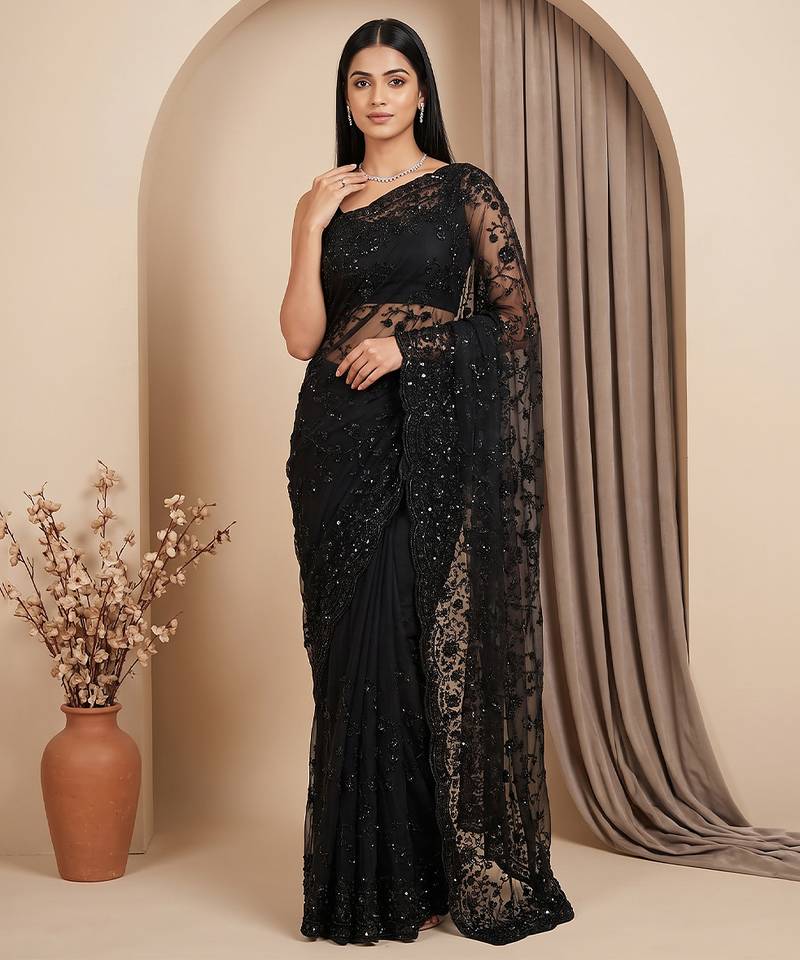 Black embroidered net saree