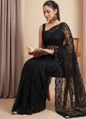 Black embroidered net saree 2