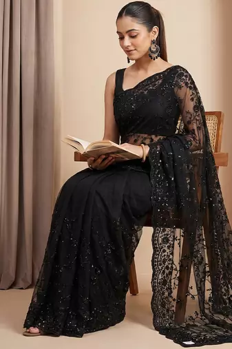 Black embroidered net saree