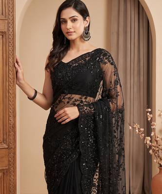 Black embroidered net saree 3