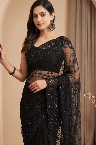 Black embroidered net saree