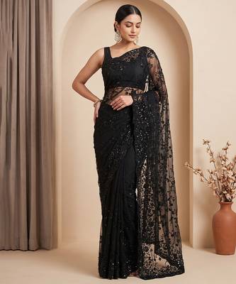 Black embroidered net saree 4