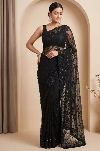Black embroidered net saree