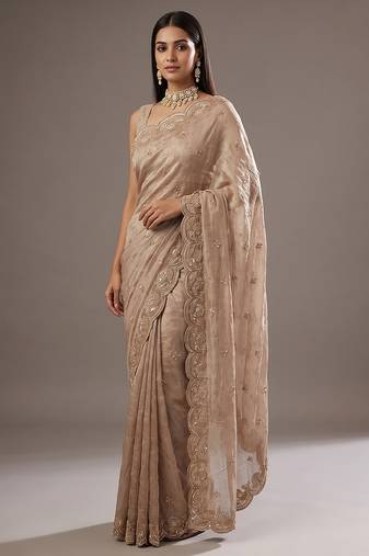Beige embroidered foil georgette saree