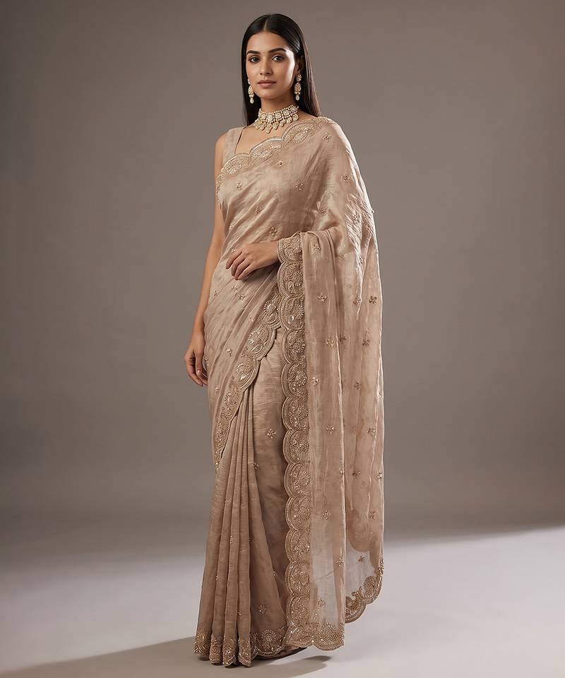 Beige embroidered foil georgette saree