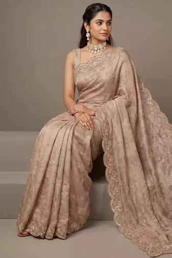 Beige embroidered foil georgette saree