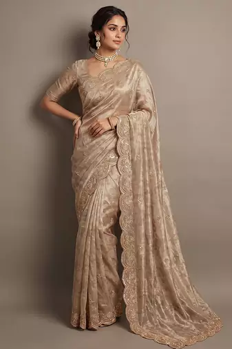 Beige embroidered foil georgette saree