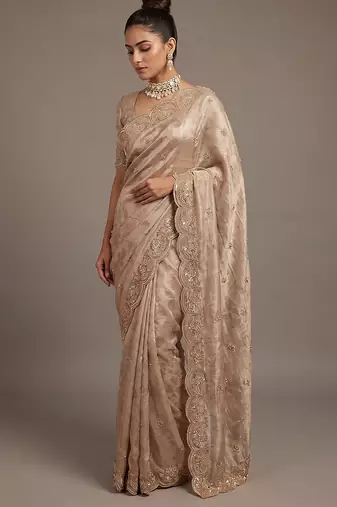 Beige embroidered foil georgette saree
