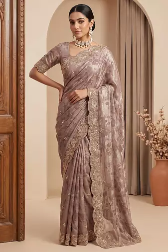 Pink embroidered foil georgette saree