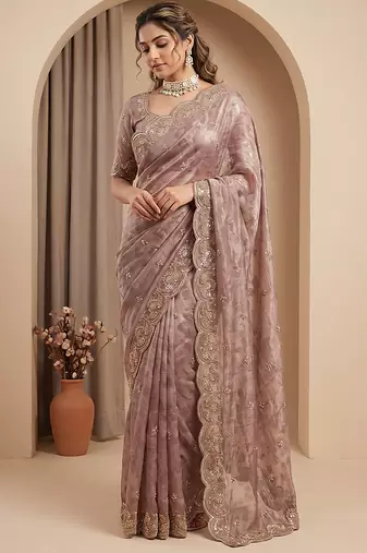 Pink embroidered foil georgette saree