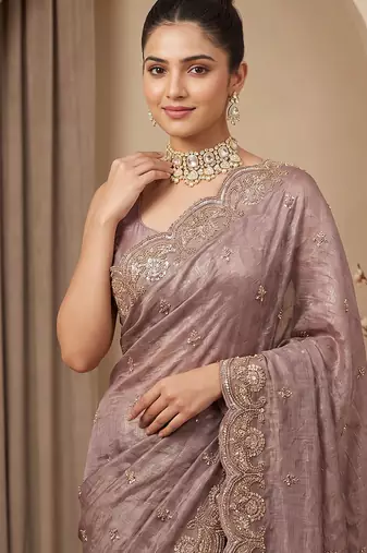 Pink embroidered foil georgette saree