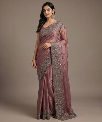 Purple embroidered soft chinon saree 1
