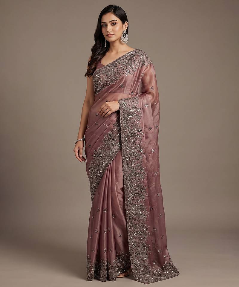 Purple embroidered soft chinon saree