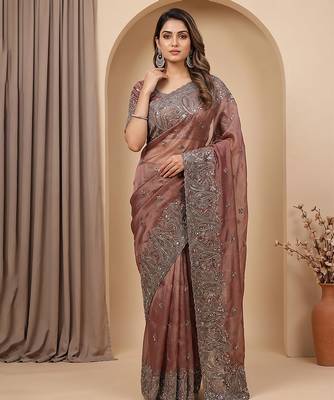 Rose pink embroidered soft chinon saree 1