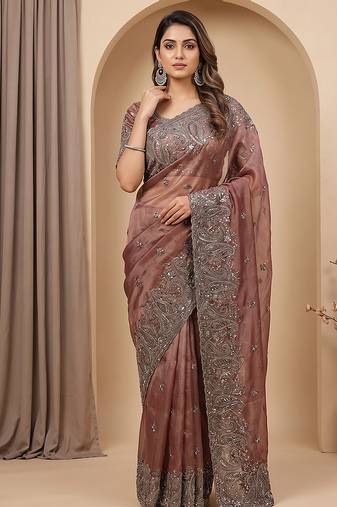 Rose pink embroidered soft chinon saree