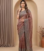 Rose pink embroidered soft chinon saree