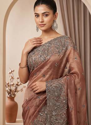 Rose pink embroidered soft chinon saree 2