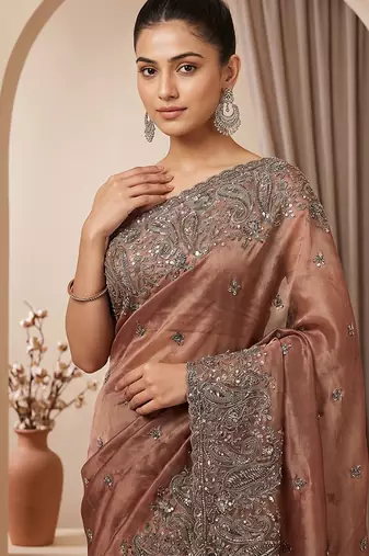 Rose pink embroidered soft chinon saree
