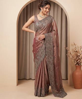 Rose pink embroidered soft chinon saree 3