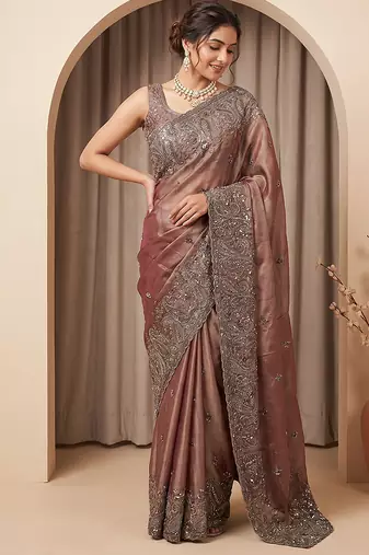 Rose pink embroidered soft chinon saree