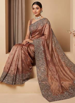 Rose pink embroidered soft chinon saree 4