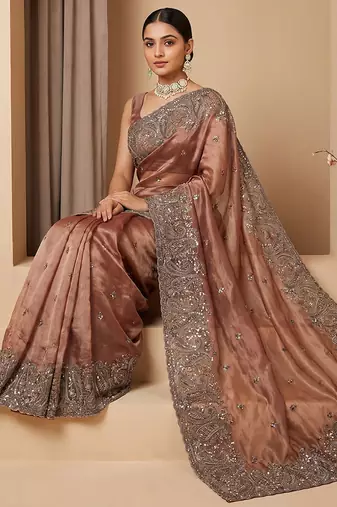 Rose pink embroidered soft chinon saree