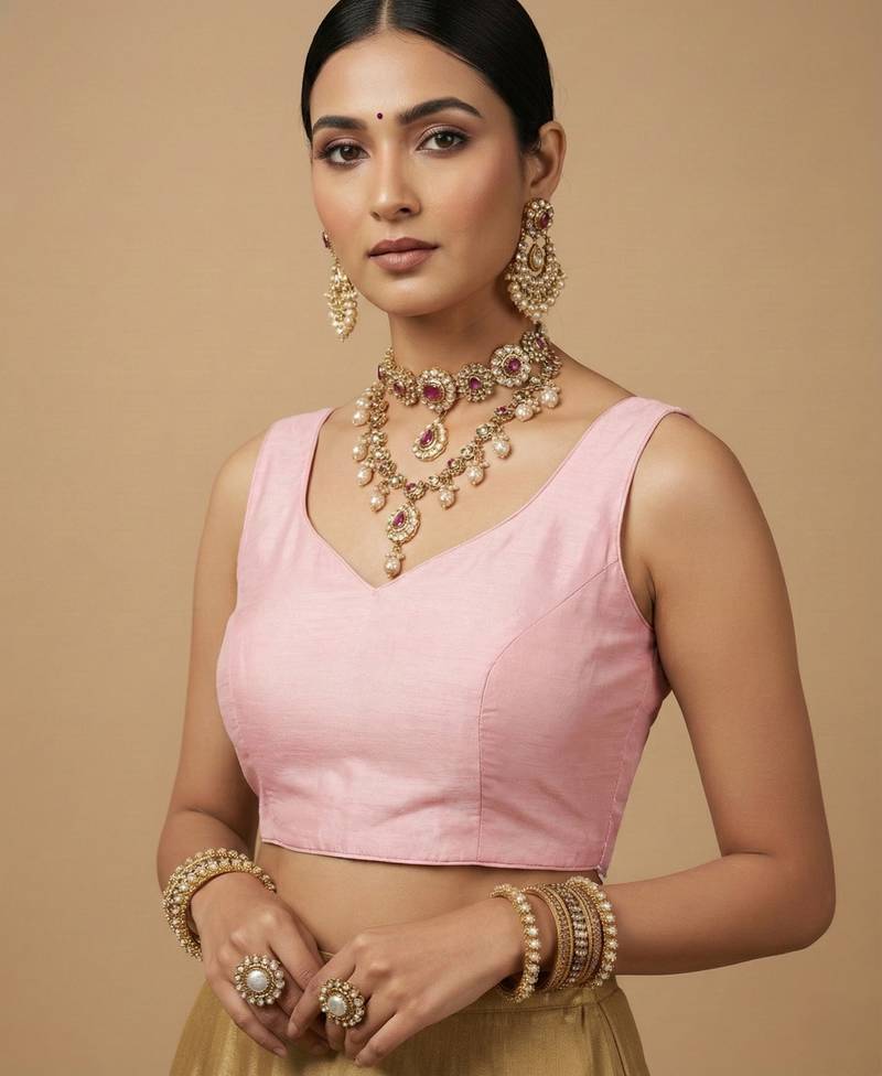 Solid premium silk v neck saree blouse